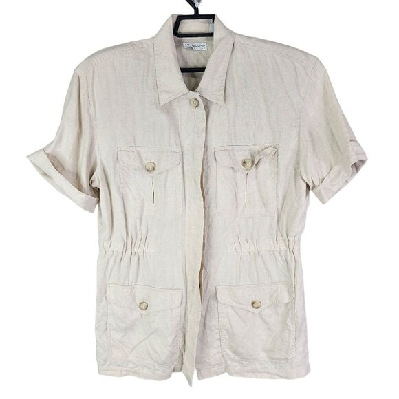 Womens Beige Liz Claiborne Collection Linen Shirt Short Sleeve Button Down M - Picture 1 of 10